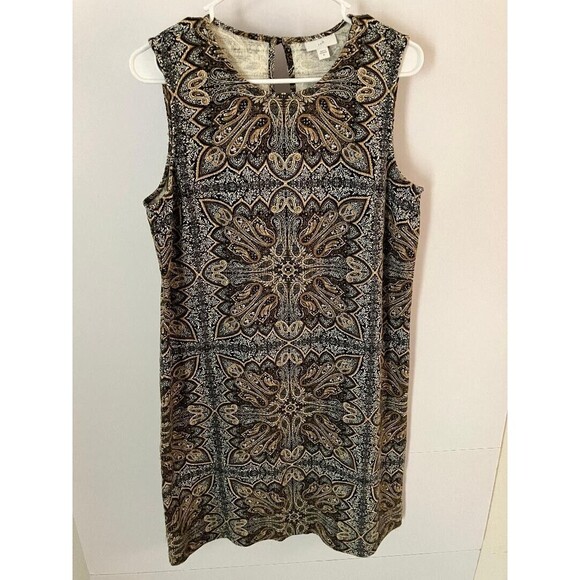 J. Jill Women's Medium Shift Dress Sleeveless Brown Patterned Scoop Neck Midi - Picture 1 of 6